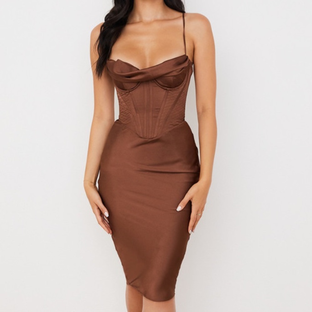 House of CB Myrna chocolate satin corset slip dress